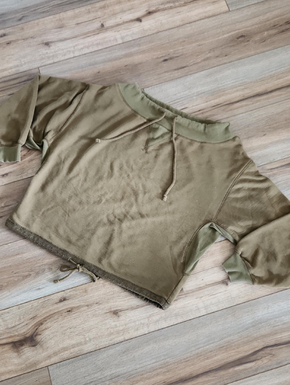 We The Free Olive Green Ribbed Terry Pullover Baggie Drawstring Women's Size XS